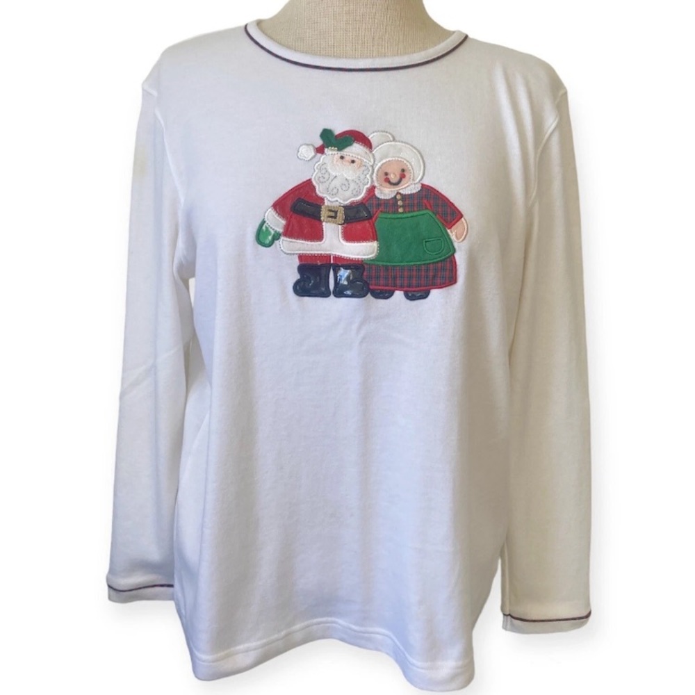 Vintage Y2K Santa Mrs Claus White Tee Shirt Top Long Sleeve Christmas Holiday M